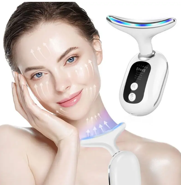 Masajeador Cara Cuello Antiarrugas Reductor Papada Mujer con Calor Luz LED EMS Lifting para Aclarar Líneas del Cuello (45°C)