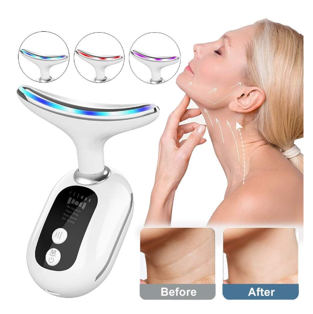 Masajeador Cara Cuello Antiarrugas Reductor Papada Mujer con Calor Luz LED EMS Lifting para Aclarar Líneas del Cuello (45°C)